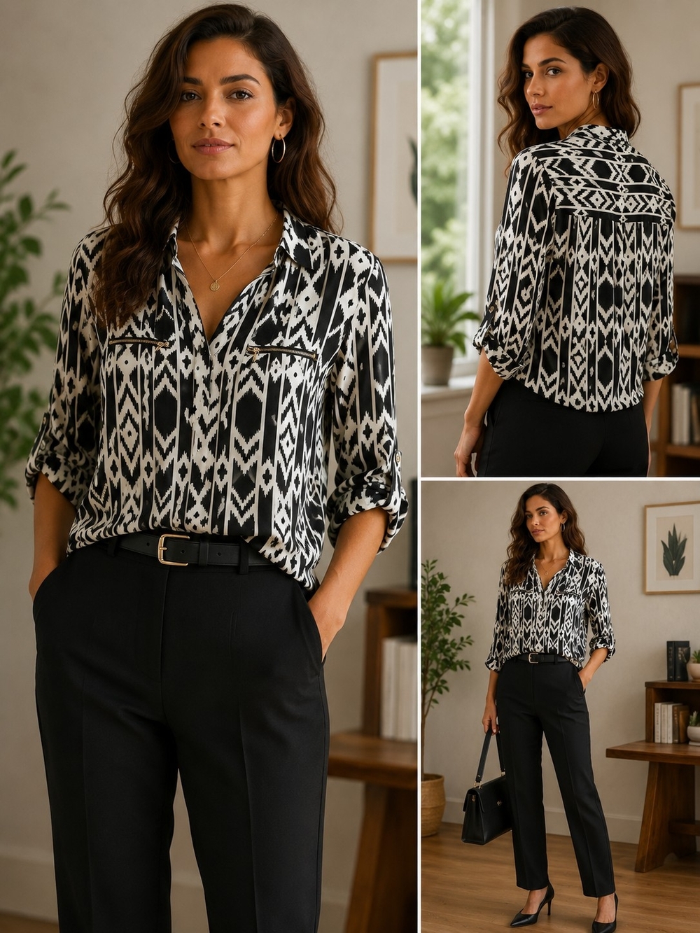 Women's Black & White Geometric Button-Up Blouse
